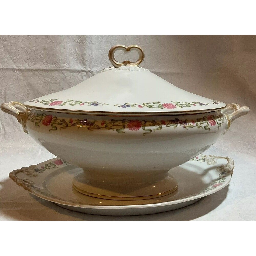 Wm Guerin  Limoges France Porcelain & Gold Gilt Trim Soup Tureen - Pink Flower